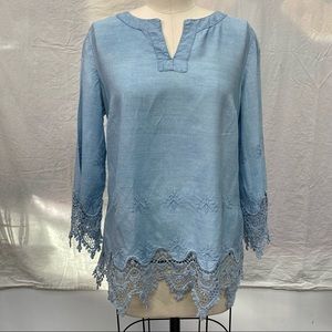 Chambray, lace trim tunic top by Chico